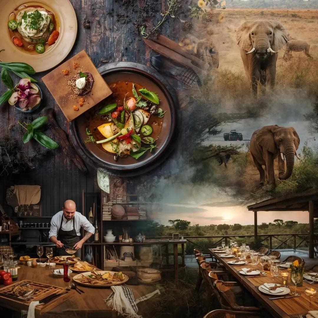 Gourmet dishes and a chef preparing food alongside safari dining scenes.