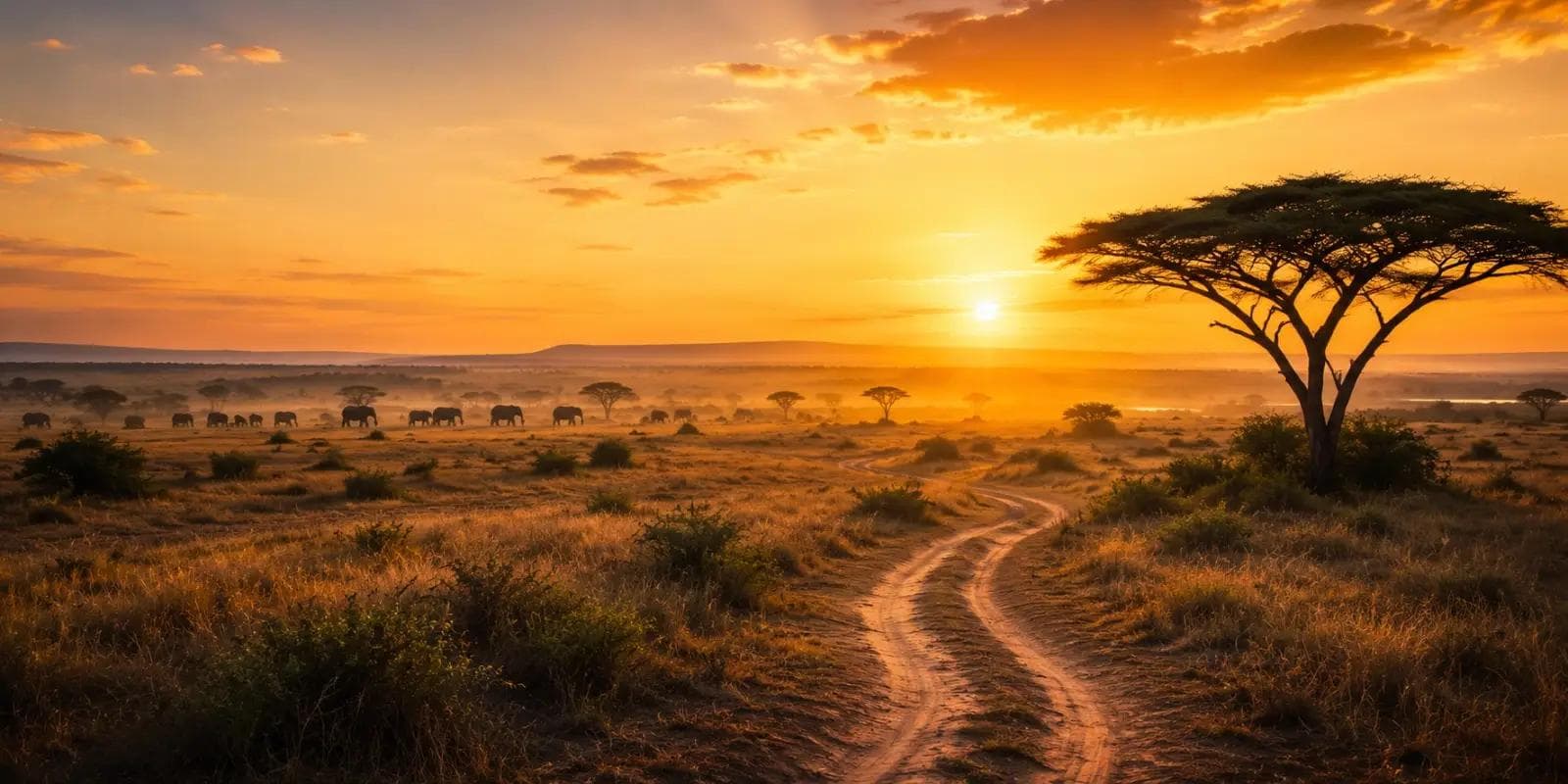 Couple enjoying a sunrise game drive while watching elephants on the African savanna.