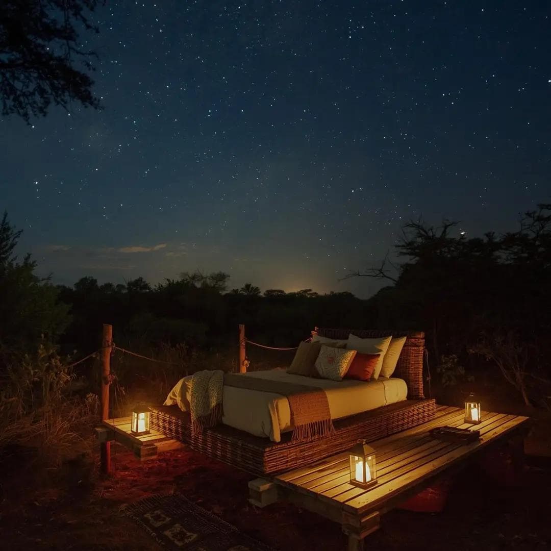 Outdoor star bed illuminated by lanterns under a clear, starlit African sky.